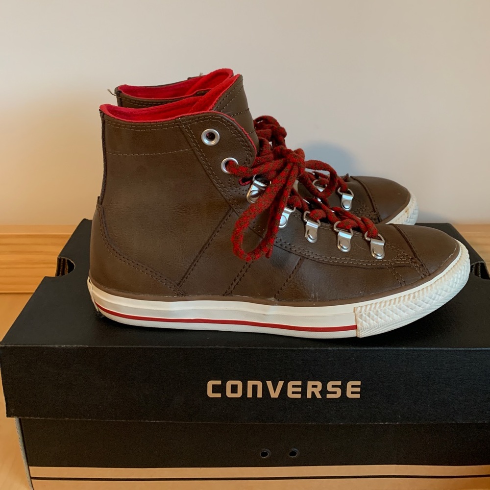 Converse | Chuck Taylor High Tops | Brown Leather and Red | Size 4 Men 6 Women